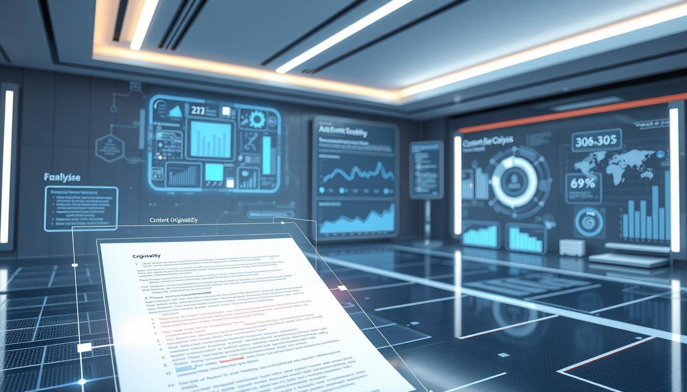 A detailed analysis of content originality, with a sleek, futuristic interface. In the foreground, a document or webpage with plagiarism-detection algorithms highlighted, surrounded by a glowing, holographic grid. In the middle ground, abstract data visualizations, statistical charts, and AI-powered analysis tools. The background features a minimalist, high-tech environment with clean lines, metallic accents, and soft lighting, evoking a sense of precision and technological prowess. The overall mood is one of advanced, data-driven content evaluation, conveying the power of AI to uncover plagiarism and preserve the integrity of written work.