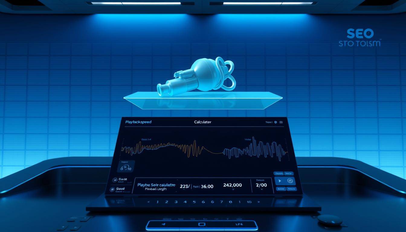 An advanced computational interface displaying a visual representation of a "playback speed calculation" process. In the foreground, a sleek, minimalist dashboard with intuitive controls and readouts, bathed in a cool, blue-hued lighting. Hovering above, a 3D animated model demonstrating the transformation from the original video length to the adjusted playback time, rendered with photorealistic detail. In the background, a subtle grid pattern and the SEO Toolsm logo, hinting at the technical sophistication behind this powerful playback speed calculator.