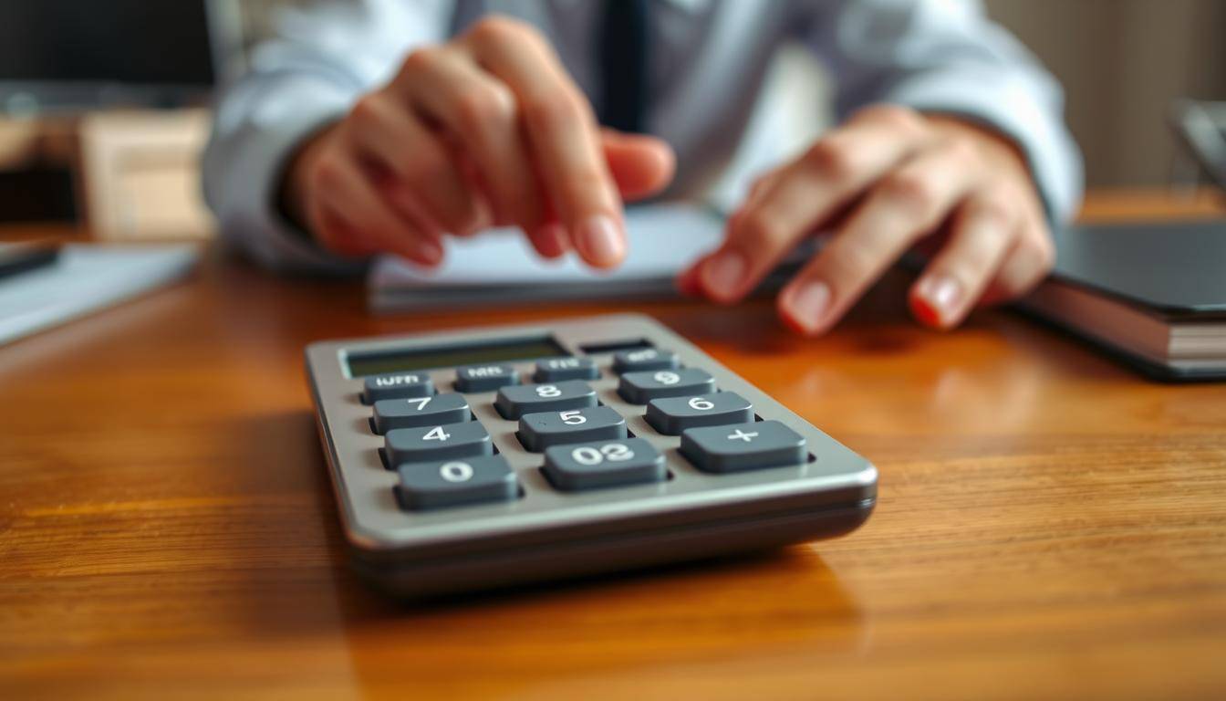 A close-up view of a person's hands operating a digital calculator on a wooden desktop. The calculator is displayed prominently in the foreground, with clear, well-lit buttons and a crisp LCD screen. The hands are positioned naturally, with the fingers gently pressing the buttons. The background is slightly blurred, suggesting a clean, minimalist office or workspace setting, allowing the focus to remain on the calculator and the hands using it. The lighting is warm and soft, creating a calming and professional atmosphere, suitable for illustrating a step-by-step guide on how to use a calculator.