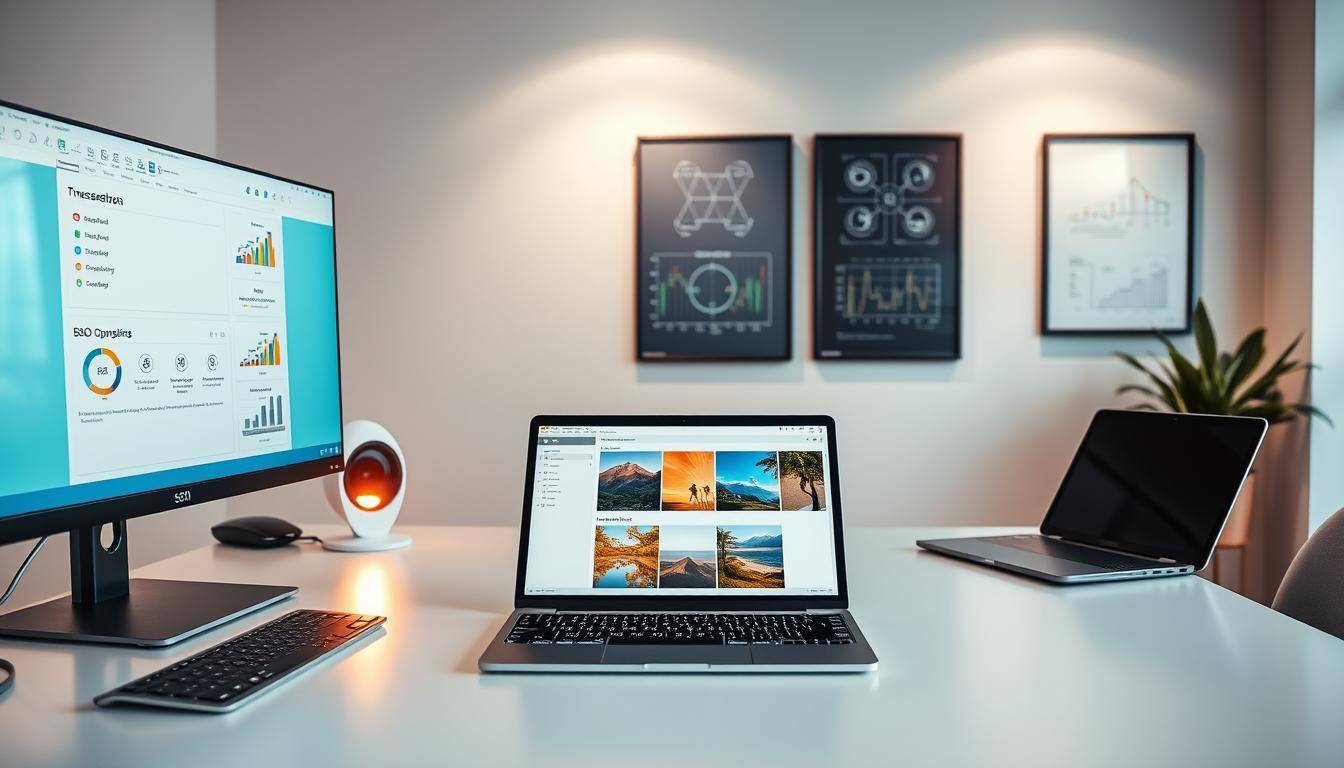A sleek and modern office workspace, with an array of advanced compression and batch tools neatly arranged on a minimalist desk. In the foreground, a high-resolution monitor displays the SEO Tools interface, its clean UI and intuitive controls. Lighting casts a warm glow, creating a productive and focused atmosphere. In the middle ground, a state-of-the-art laptop and tablet stand ready, seamlessly integrating with the compression software. The background features a clean, uncluttered wall, with a few framed technical diagrams hinting at the powerful algorithms behind the tools. The overall scene conveys efficiency, optimization, and the cutting edge of digital image processing.