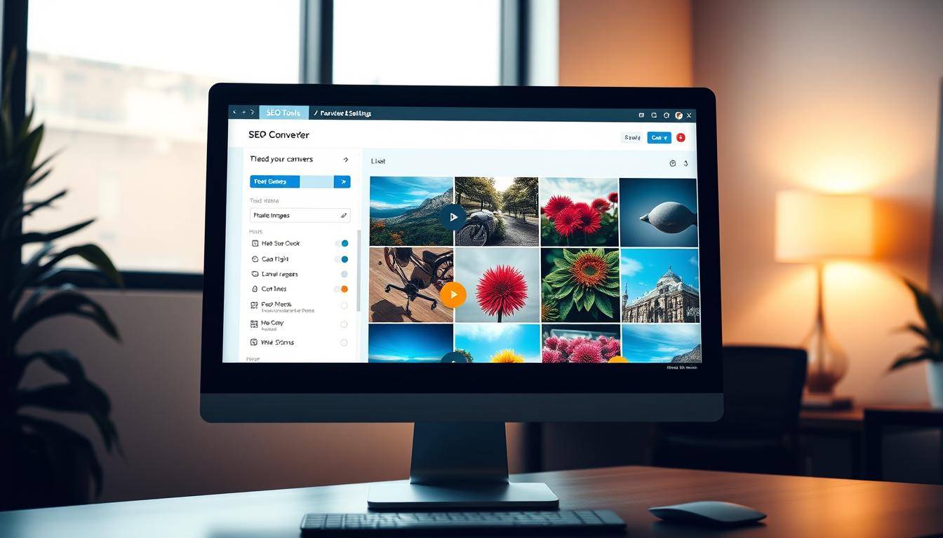 A sleek, modern computer screen displaying a clean and intuitive "SEO Tools" webp converter interface. The screen is bathed in warm, directional lighting that casts subtle shadows, creating depth and dimensionality. In the foreground, the converter's core controls and settings are prominently featured, inviting the user to effortlessly optimize their images for the web. The middle ground showcases a collection of vibrant, high-quality webp images, demonstrating the converter's capabilities. The background subtly fades into a minimalist, professional office environment, reinforcing the tool's practical and productivity-focused purpose.