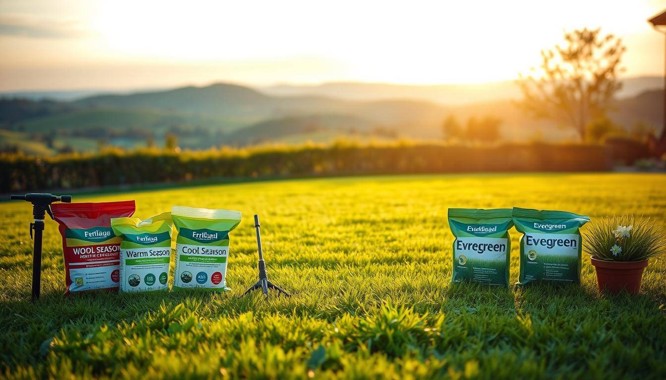 A lush, vibrant lawn under a warm, golden-hour sunlight. In the foreground, various fertilizer bags and applicators neatly arranged, showcasing seasonal application rates for different grass types. The middle ground depicts a well-manicured lawn, with each quadrant labeled for cool-season, warm-season, and evergreen grasses. In the background, a softly blurred landscape of rolling hills and a cloudless sky, creating a sense of tranquility. The image is captured with a shallow depth of field, emphasizing the foreground details and the dynamic interplay of seasonal lawn care tools and materials.