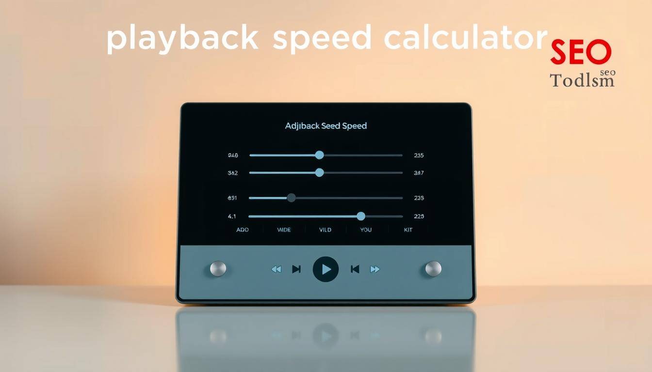 A sleek, minimalist interface for a "playback speed calculator" against a soft, neutral background. In the foreground, a clean digital display showcases adjustable playback speed controls, with a distinct SEO Toolsm logo in the top corner. The middle ground features an array of intuitive sliders and buttons, allowing the user to seamlessly adjust the playback rate. The background subtly hints at a graph or chart, conveying the analytical nature of the tool. The lighting is warm and inviting, creating a sense of professionalism and ease of use. Captured from a slightly elevated angle, the image conveys the accessible and user-friendly nature of the "playback speed calculator" tool.